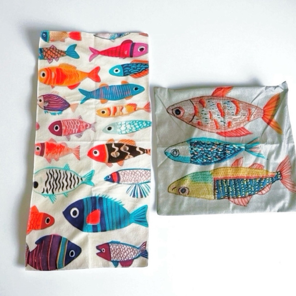 New! Set of 2 Fish Pattern Kitchen Towel & Throw Pillow Case